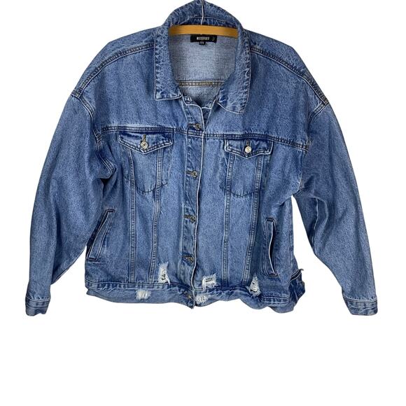 MISSGUIDED Plus Distressed Light Wash Denim Jean Jacket Size 16 - Picture 1 of 6